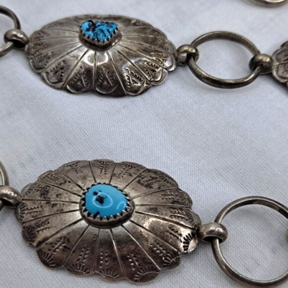 VINTAGE ~ AUTHENTIC CONCHO BELT ~ TURQUOISE TEPEES & SUNBURSTS ~ SIGNED/STERLING - Picture 3 of 12